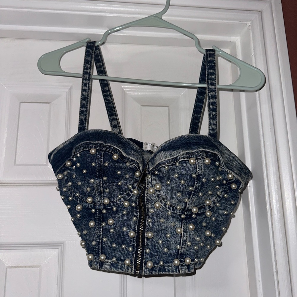 Guess Pearl Denim Bustier Top S - Picture 2 of 9